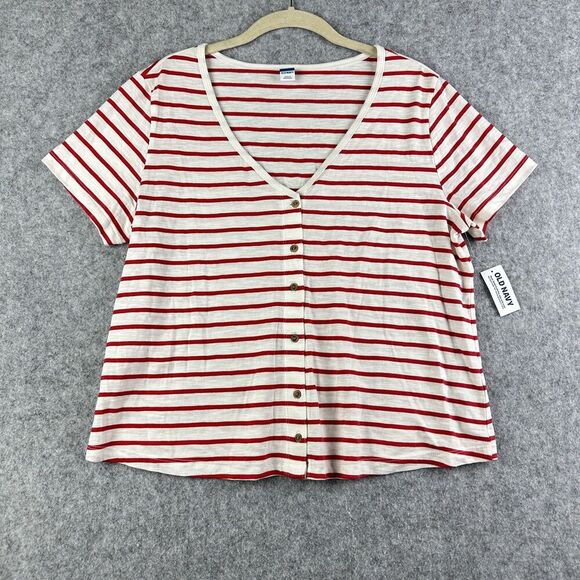 Old Navy Top Womens M Red Striped High Hip Short Sleeve Slub Knit Shirt NEW - Picture 1 of 13